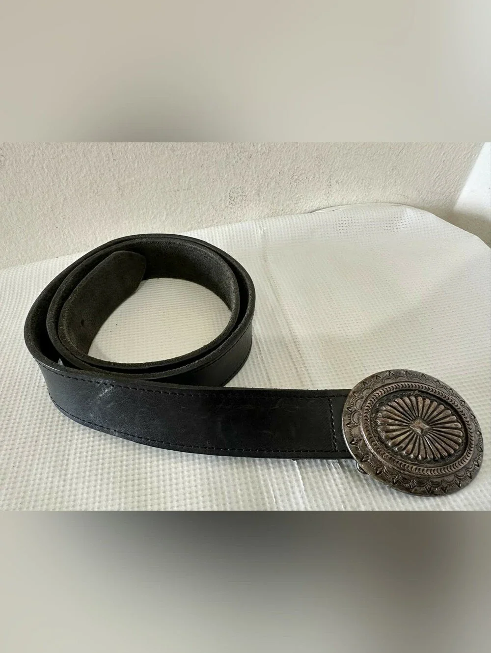 Vintage Western Black Leather Belt with Engraved Silver Concho Buckle